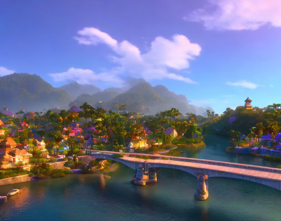 Colorful waterfront town at sunset with bridge, river, and mountains