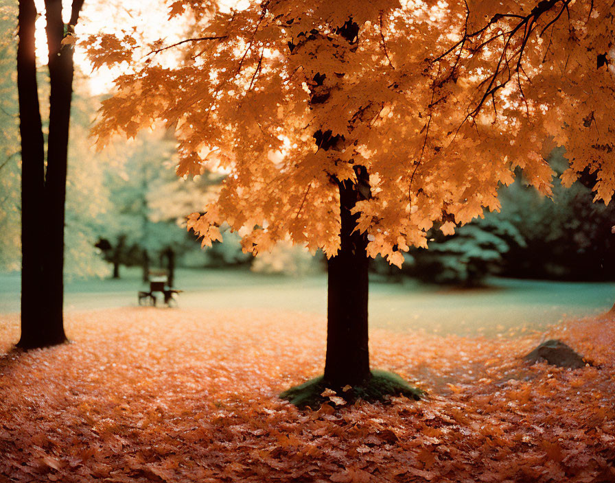 Golden orange leaves in autumn scene with park bench