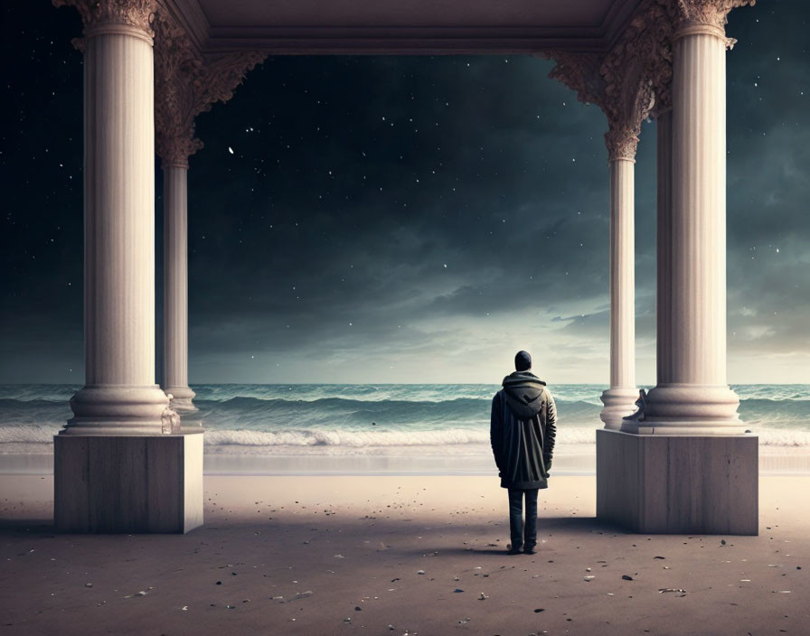 Solitary figure between classical columns on beach gazes at starry night sky over calm sea