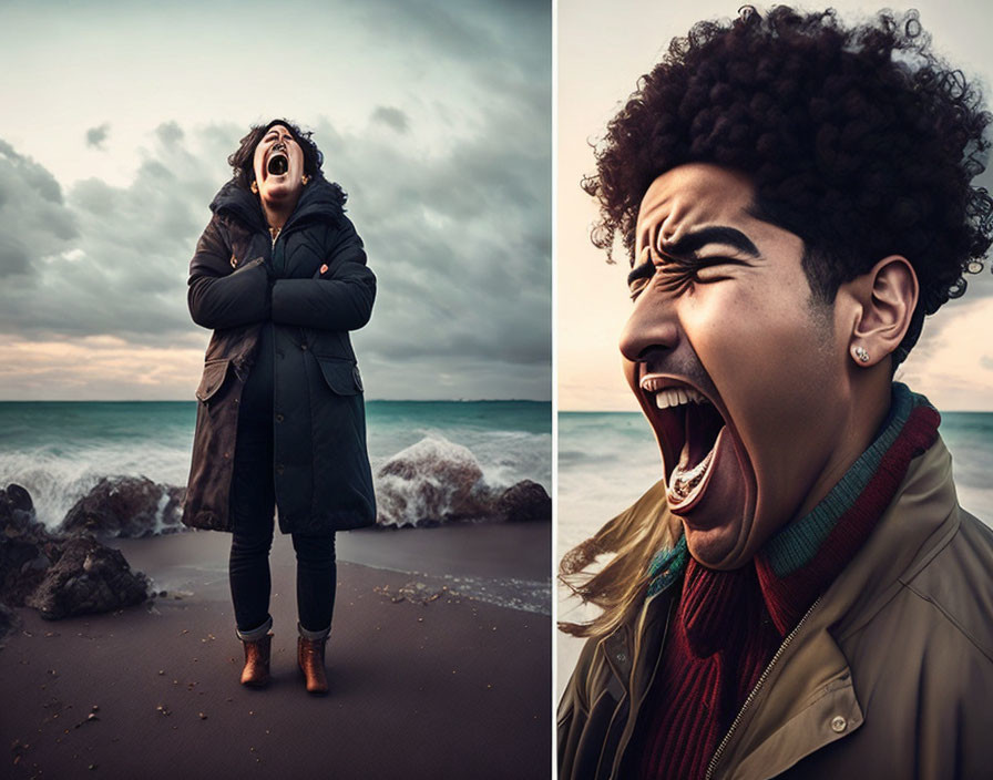 Two individuals shouting outdoors in split image