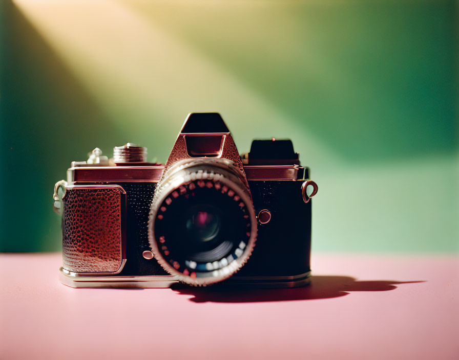 Vintage Camera with Red Leather Detailing on Pink Surface Against Green and Pink Gradient Background