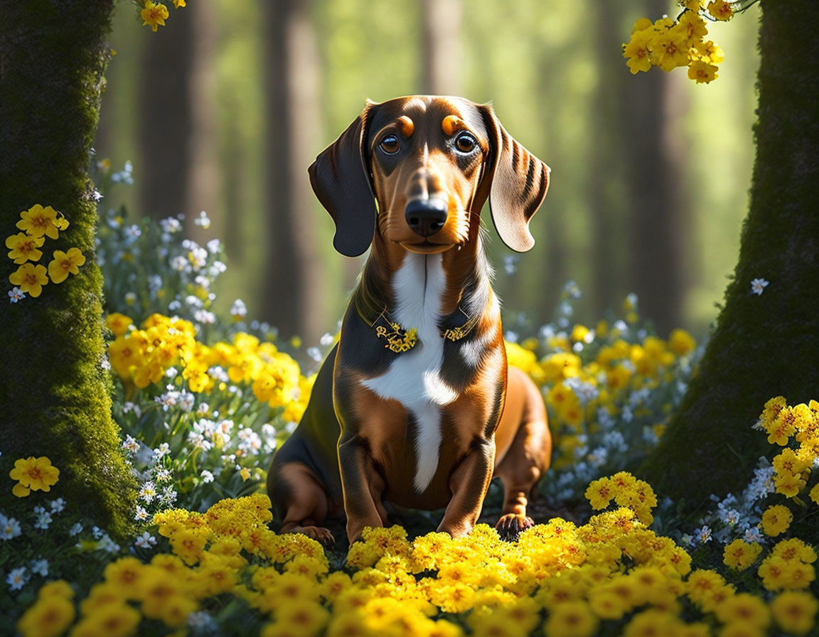 Brown Dachshund Surrounded by Yellow Flowers in Forest Clearing