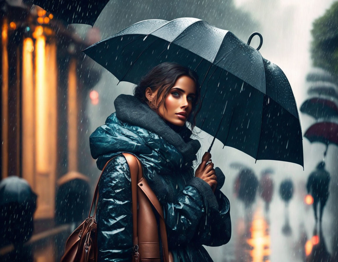Woman with umbrella on rainy city street at night