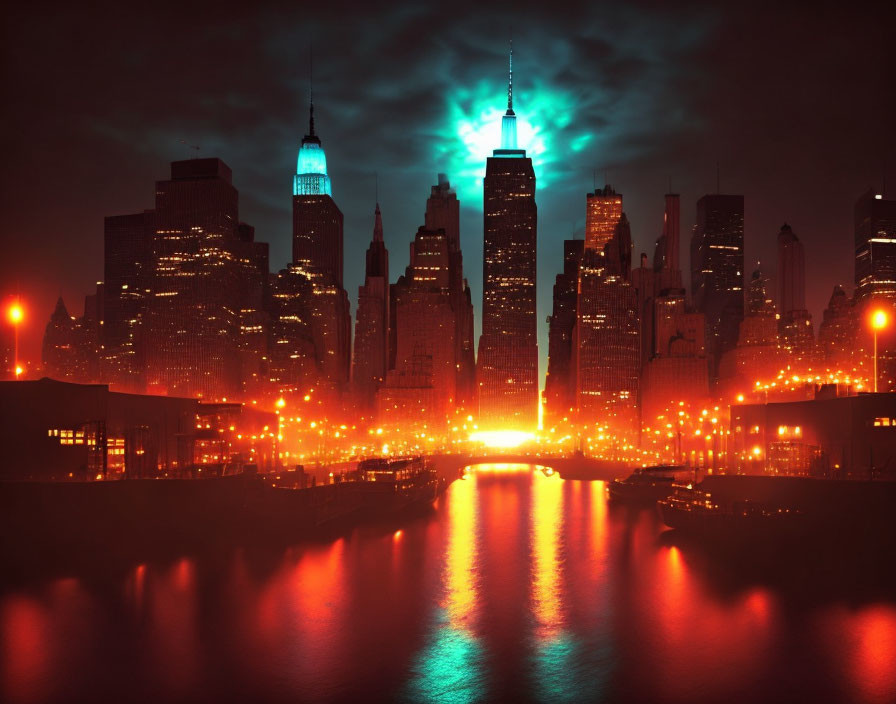 City skyline with illuminated skyscrapers against dark sky and river reflections