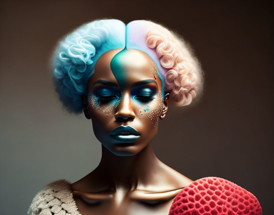 Model with Split Blue and Pink Hair and Ornate Makeup Holding Red Textured Object