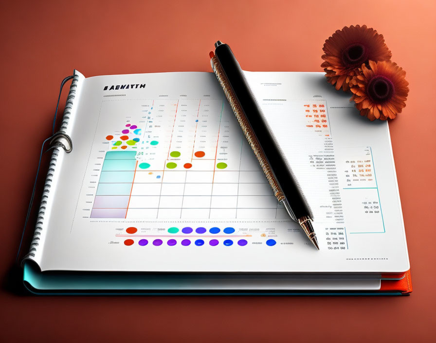 Colorful Data Chart and Pen in Open Planner with Orange Flower on Warm Background