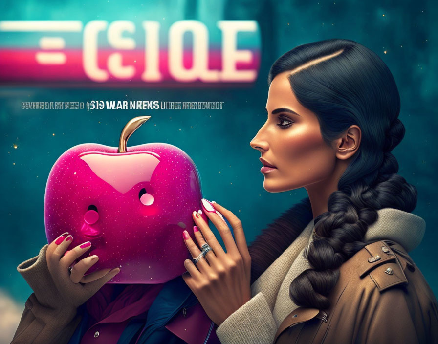 Surreal illustration of woman and red apple with face against neon sign background