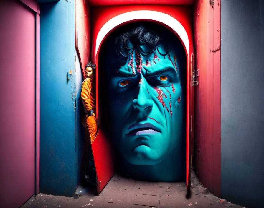 Person in Yellow Suit Peeking Behind Vibrant Red Door with Intense Blue Face