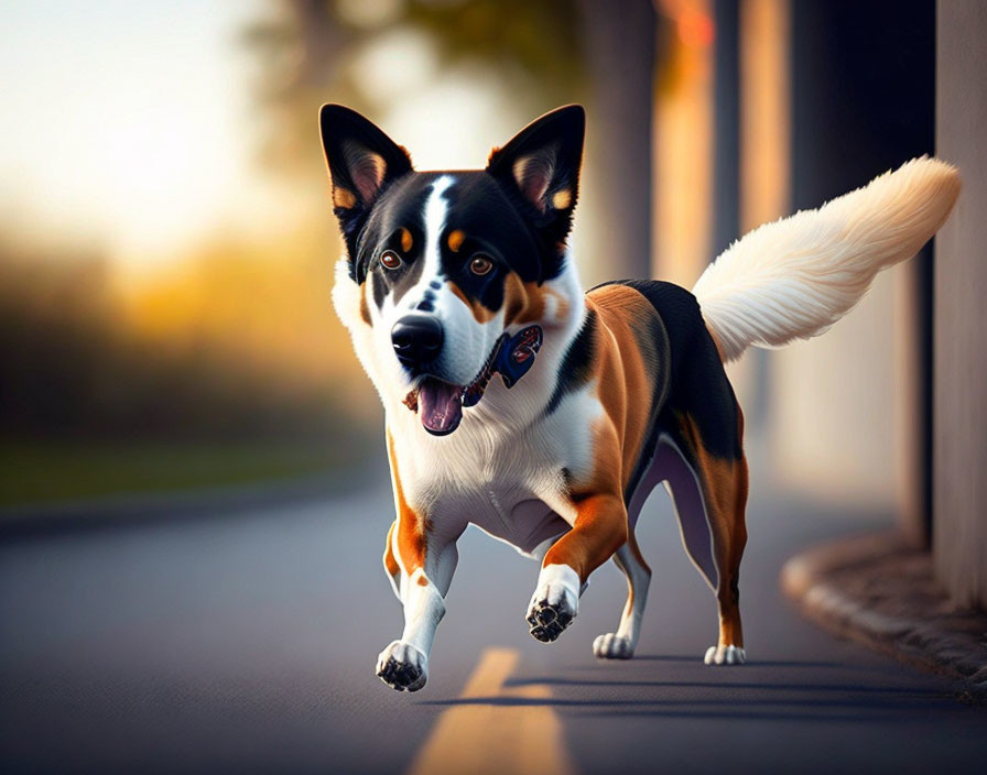 Tricolor dog with bushy tail running on sunlit road