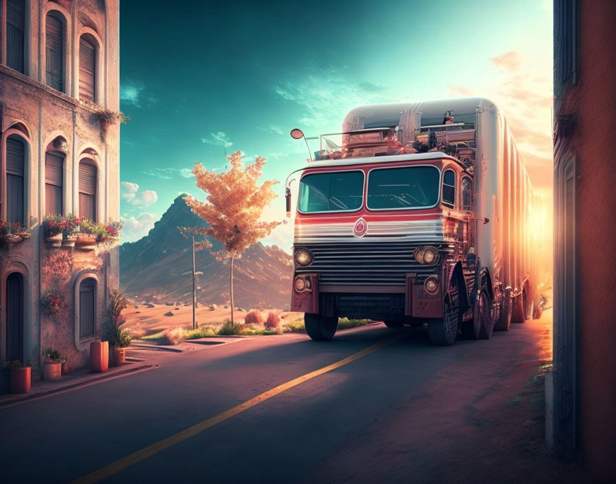 Vintage tanker truck on peaceful street at sunset with mountain view