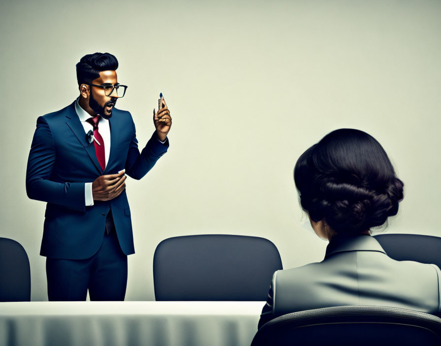 Businessman gesturing with pen to woman in conversation in gray room