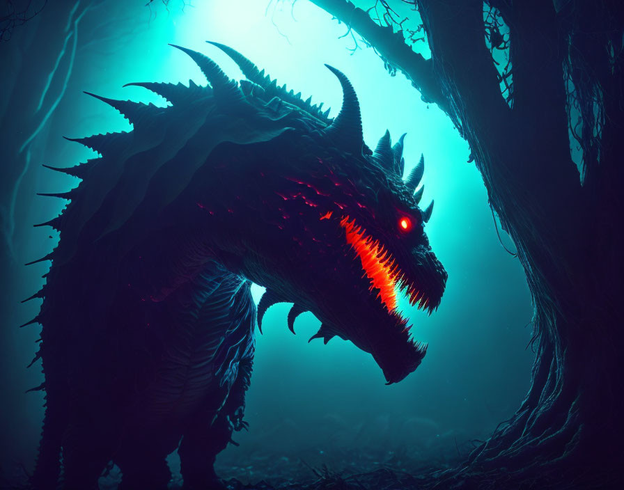 Majestic dragon with glowing red eyes in mystical forest.