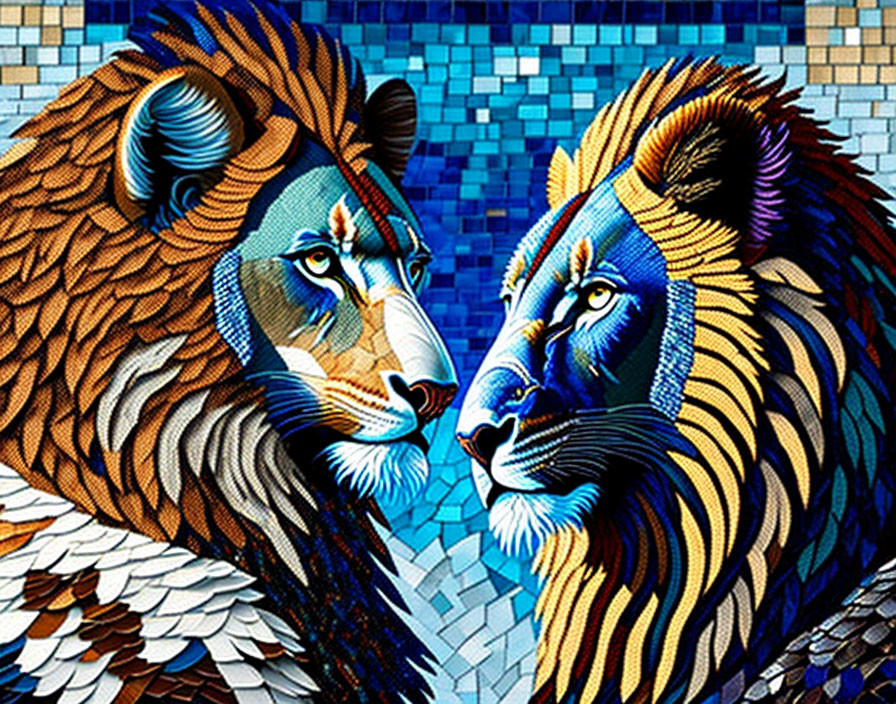 Colorful Geometric Lion Mosaic with Warm and Cool Tones