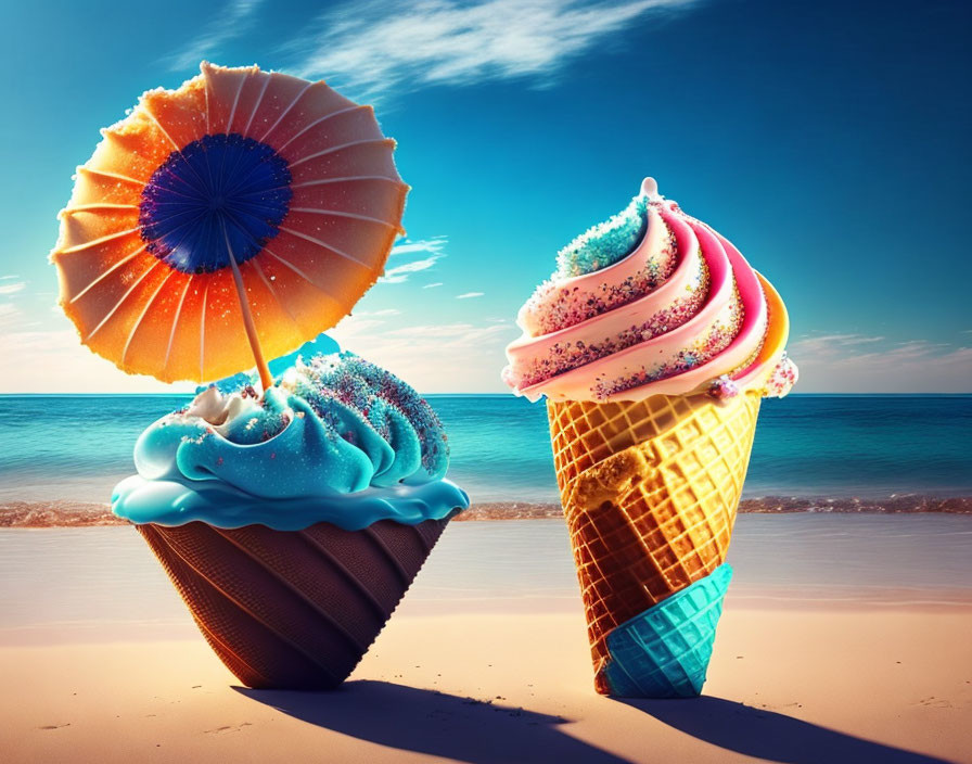 Vibrant ice cream cones on sandy beach under clear blue sky