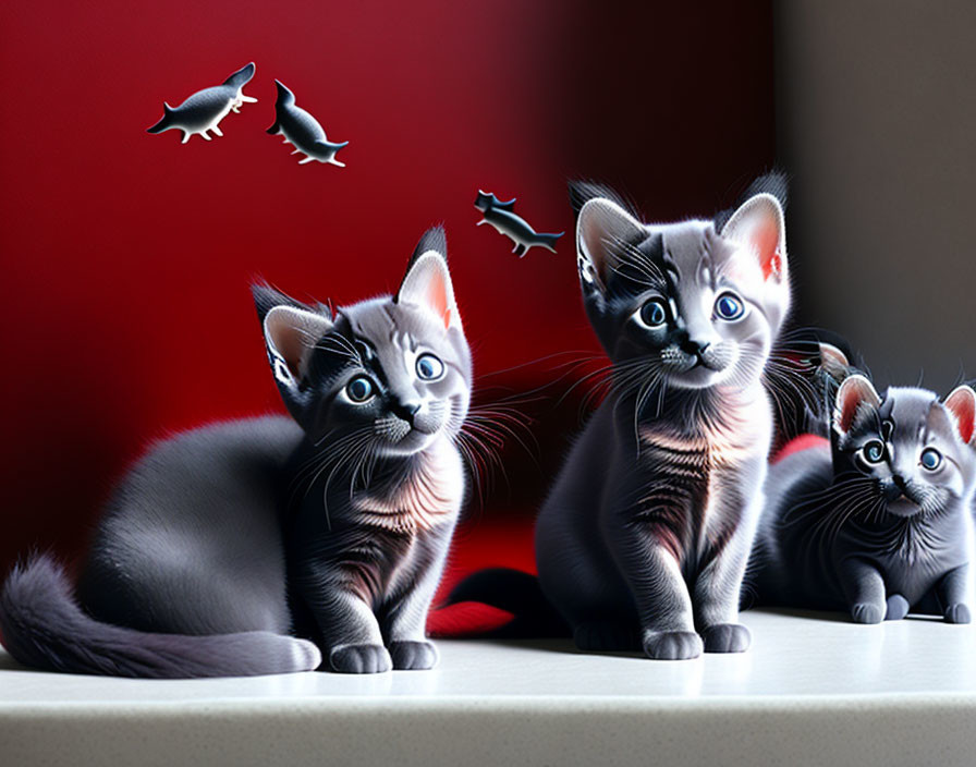 Three Cartoon Kittens with Blue Eyes and Fish Silhouettes on Wall