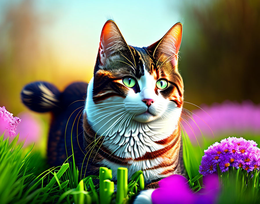 Colorful Digital Artwork: Cat with Intricate Fur Patterns in Garden