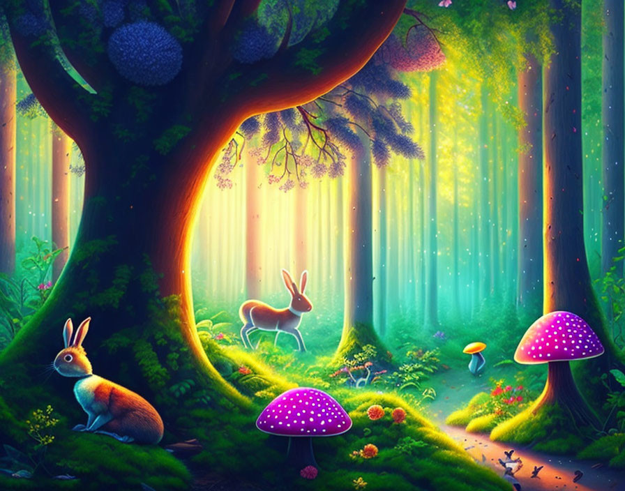 Vibrant enchanted forest scene with glowing mushrooms and rabbits