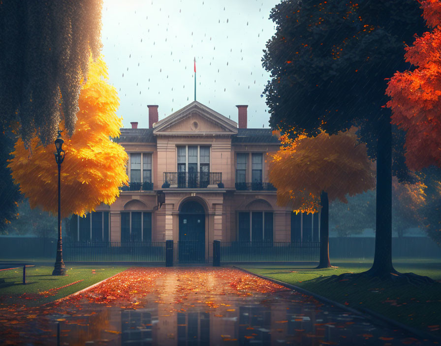 Two-story mansion in autumn rain with colorful foliage