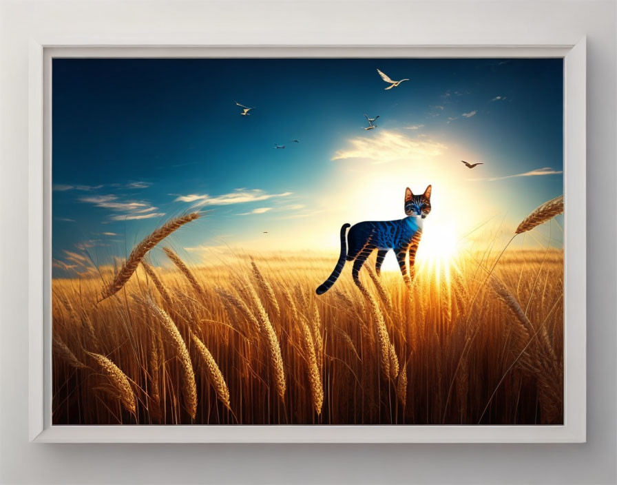 Framed picture of cat in blue stripes on golden wheat field at sunset