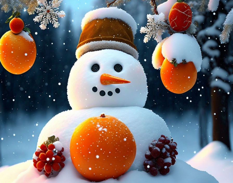 Snowman with Brown Hat, Carrot Nose, and Orange Buttons in Snowy Scene