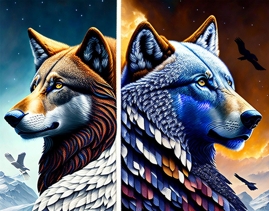 Artistically Rendered Wolves in Warm and Cool Tones Against Starry Sky