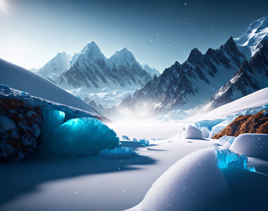 Snowy Landscape with Rugged Mountains and Blue Ice Formations