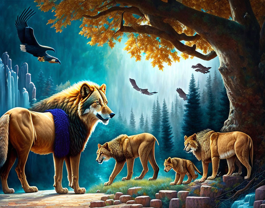 Majestic lion with blue-maned cubs in golden forest with flying birds