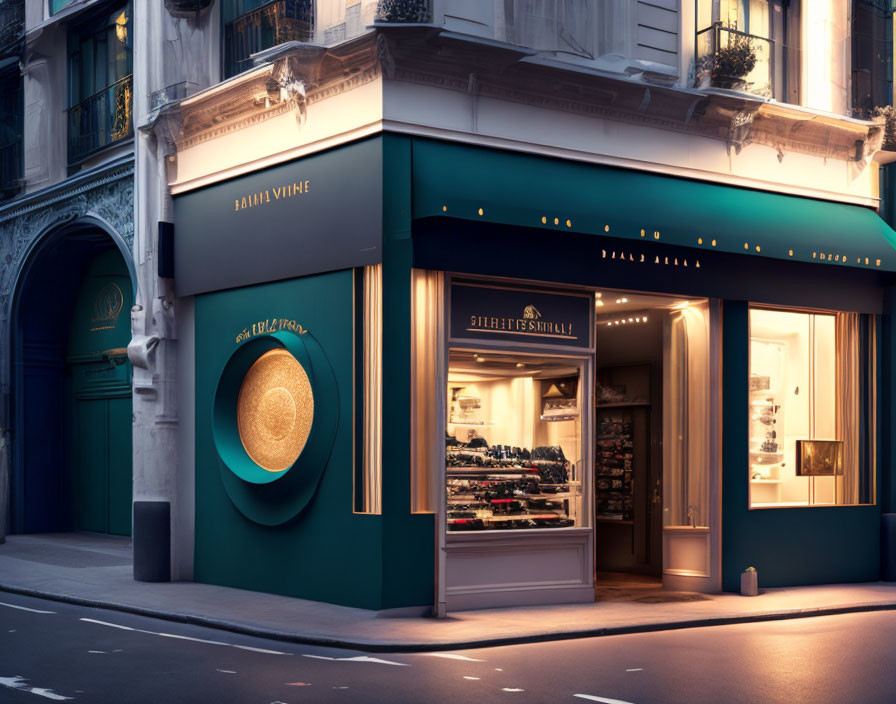 Twilight-lit boutique with classic architecture facade showcasing clothing and accessories