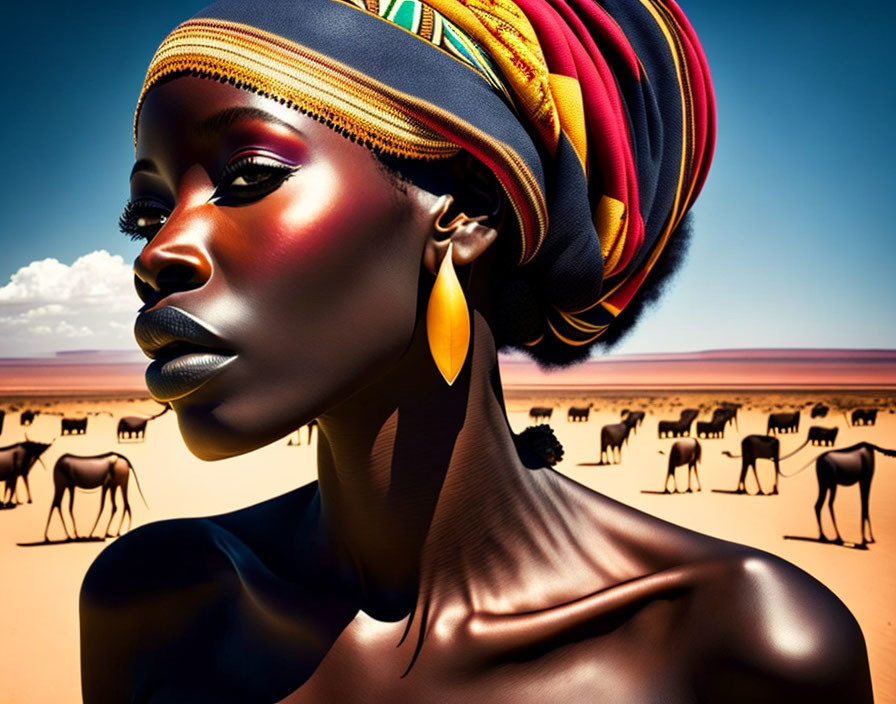 Colorful headwrap woman with dramatic makeup in desert with wildebeest herd