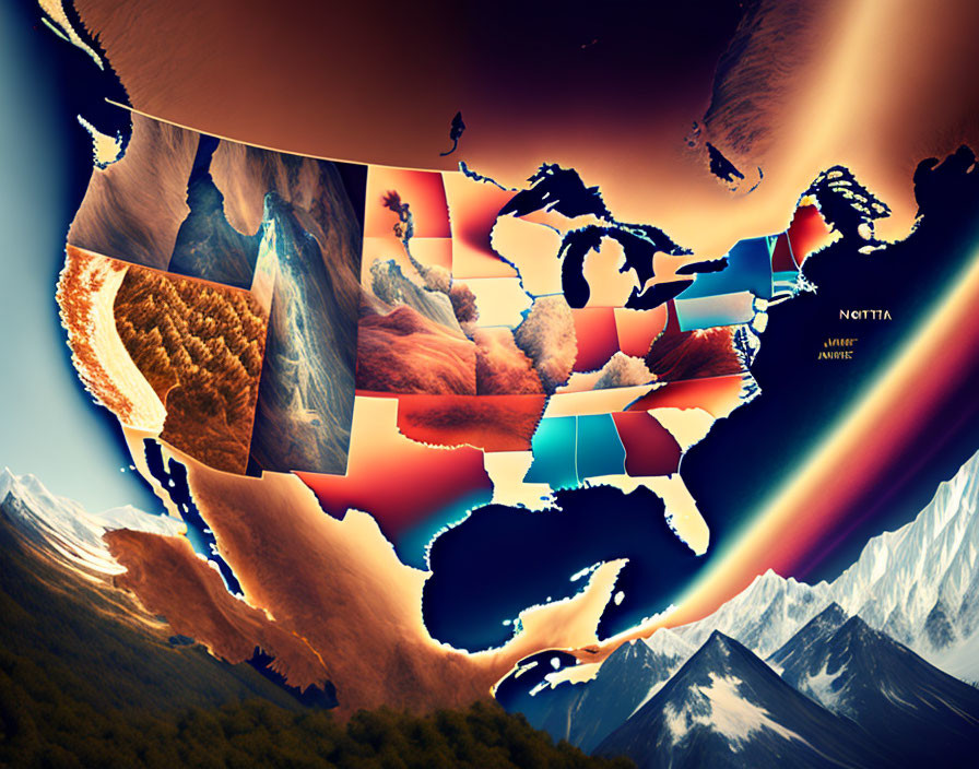 Surreal United States Map Collage with Diverse Landscapes