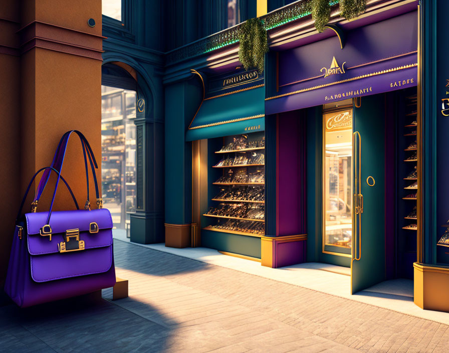 Luxury shops on upscale street with purple handbag and chocolate display