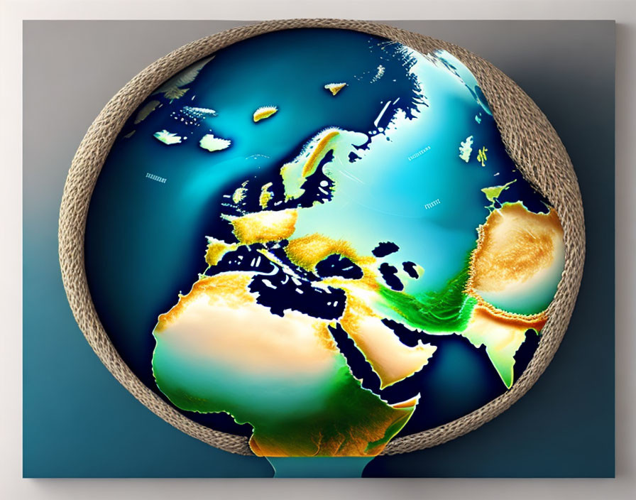 Stylized 3D Earth illustration with rope frame on gray background