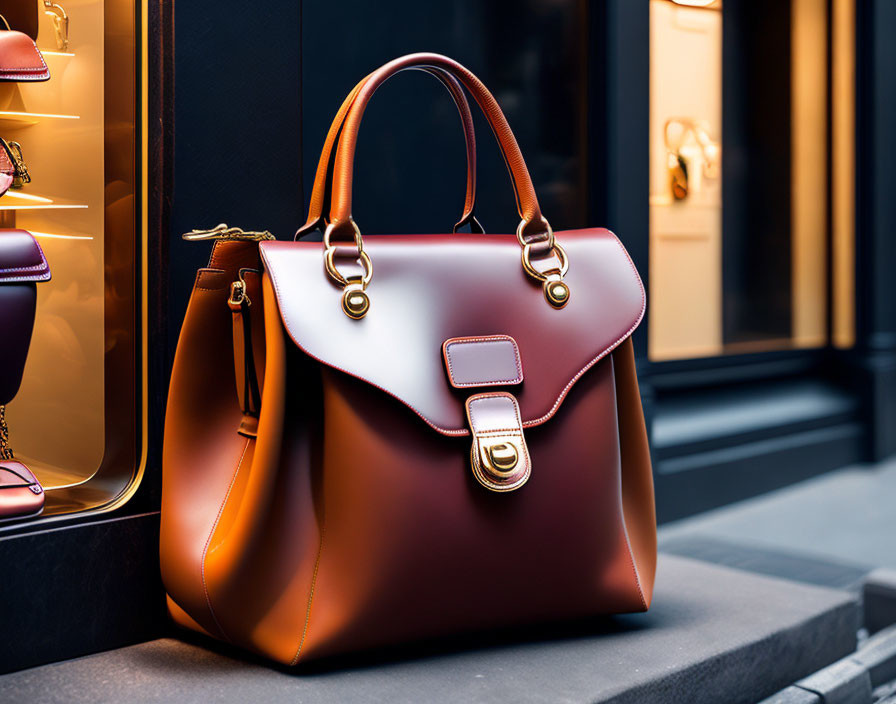 Brown Leather Handbag with Gold-Tone Hardware in Store Window Display