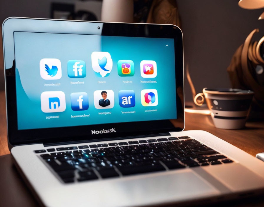 Desk with laptop showing social media icons, coffee cup, and lamp in background.