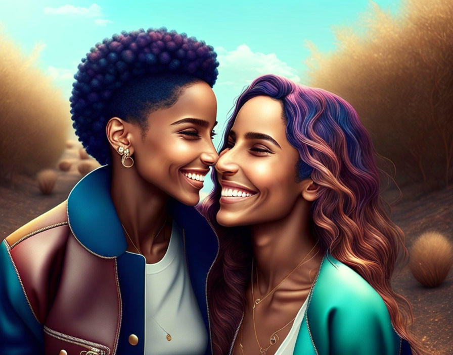 Two Women Smiling with Vibrant Hairstyles on Nature-Inspired Background