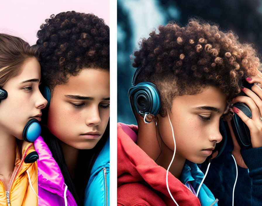 Two youths in headphones share a moment in contrasting backgrounds