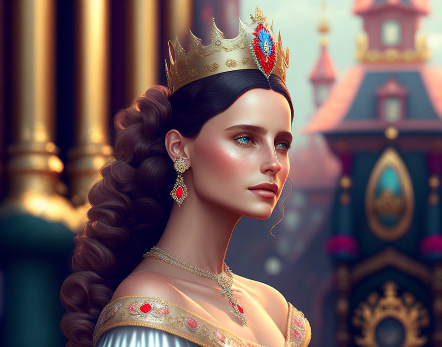 Digital artwork: Queen with golden crown, braided hair, fair complexion, regal attire, castle