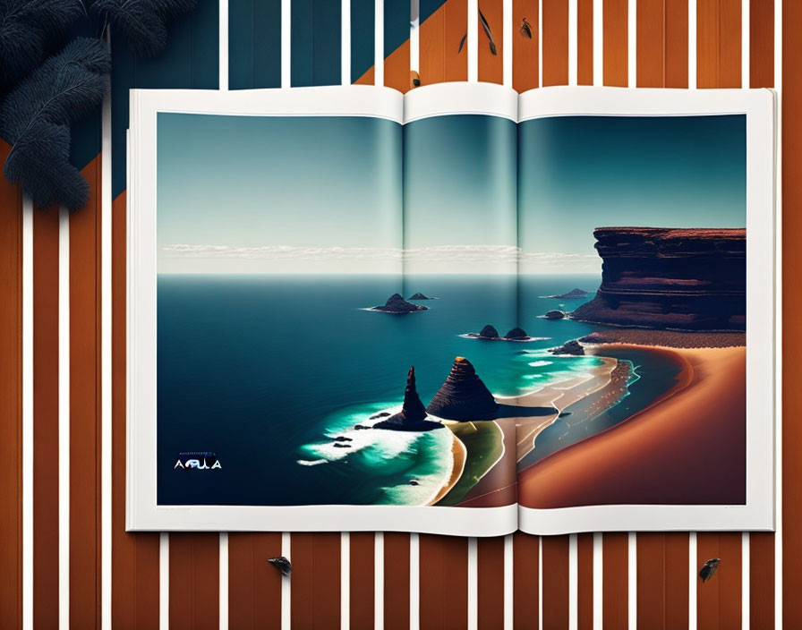 Photobook of Coastal Landscape with Cliffs, Beaches, and Islands on Striped Surface