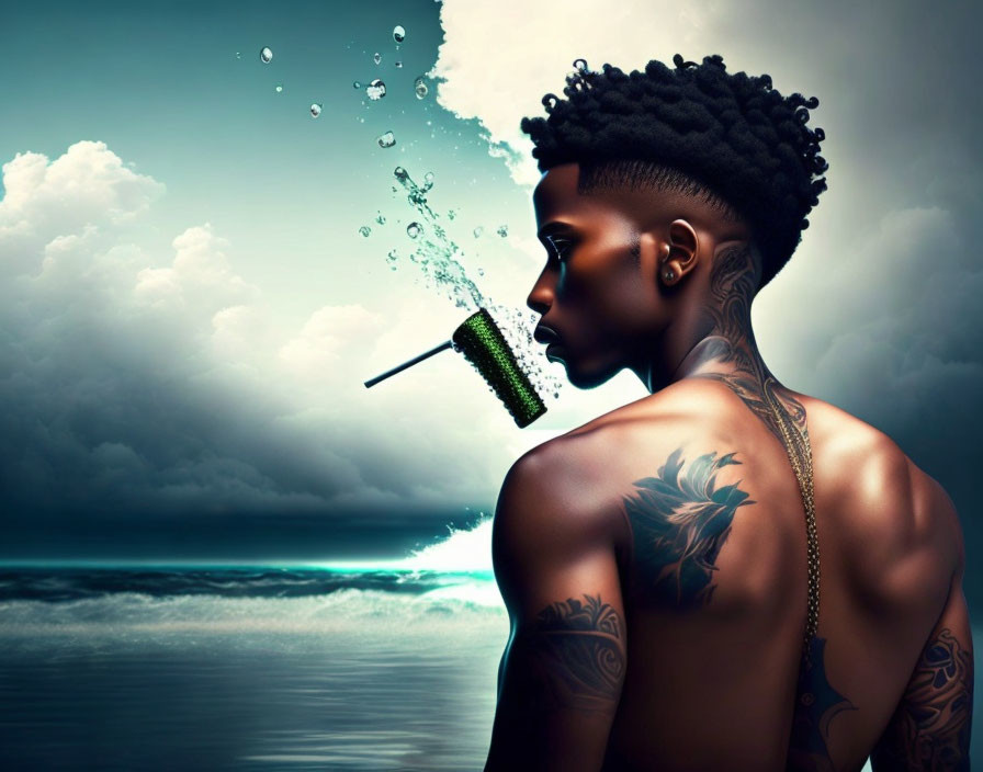 Tattooed person with unique hairstyle, frozen water droplets, dramatic cloudy sky