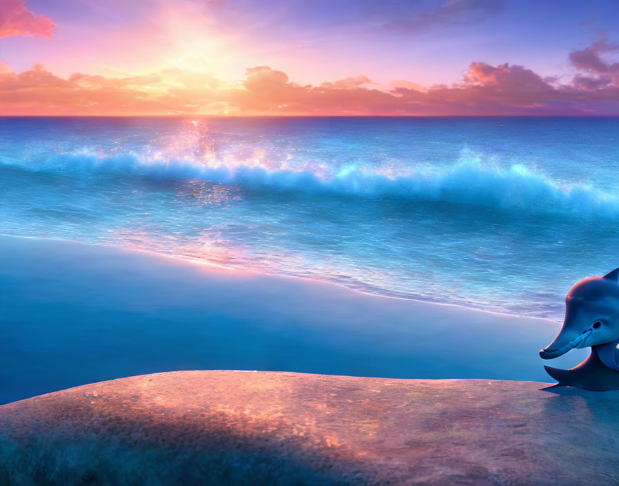 Dolphin figurine on rock with ocean wave and sunset view