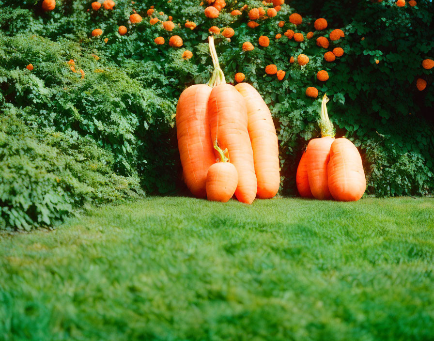 Three oversized carrots on lush green lawn with orange round flowers.