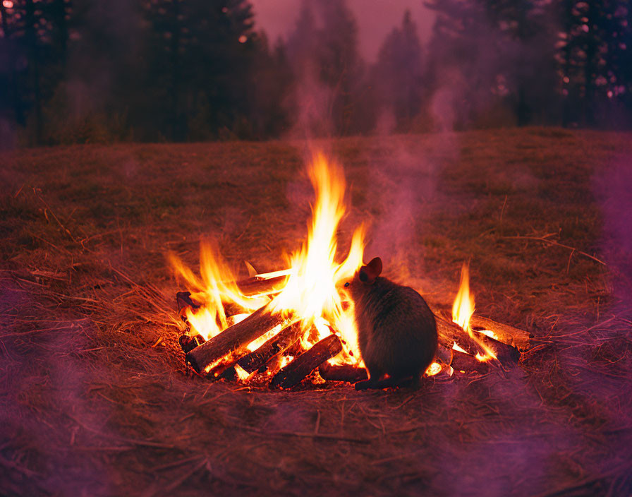 Twilight campfire with rodent silhouette by flames