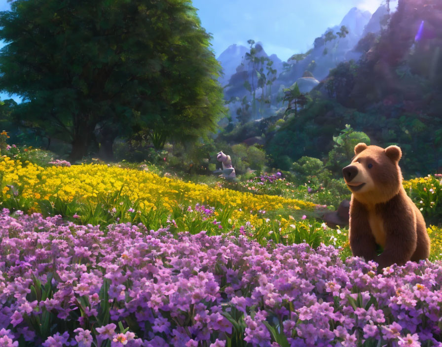 Bear surrounded by purple and yellow flowers in scenic meadow with mountains.