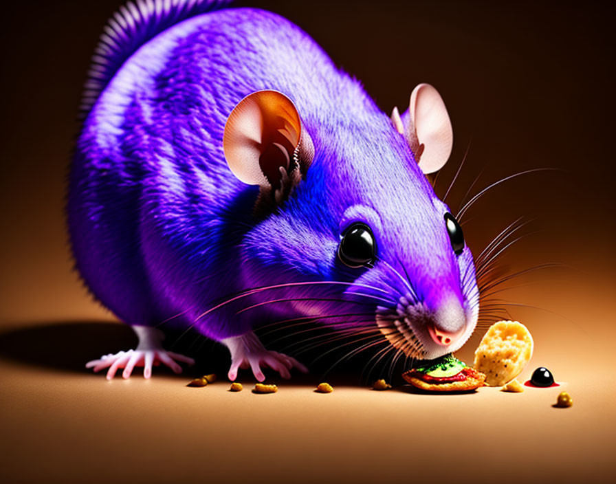 Colorful Illustration: Purple Mouse Eating Cookie Crumbs on Warm Background