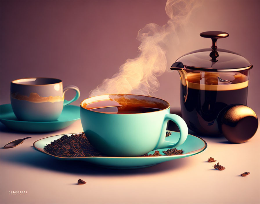 Steaming cup of tea with saucer, loose leaves, tea press, and decorative ball on muted