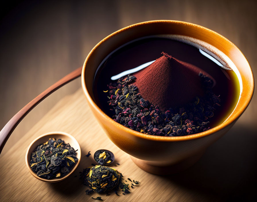 Steaming cup of tea with pyramid teabag and loose leaves on wooden table