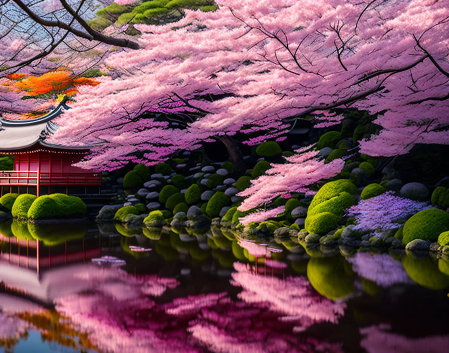 Peak bloom cherry blossoms over serene pond with Japanese structure and lush greenery