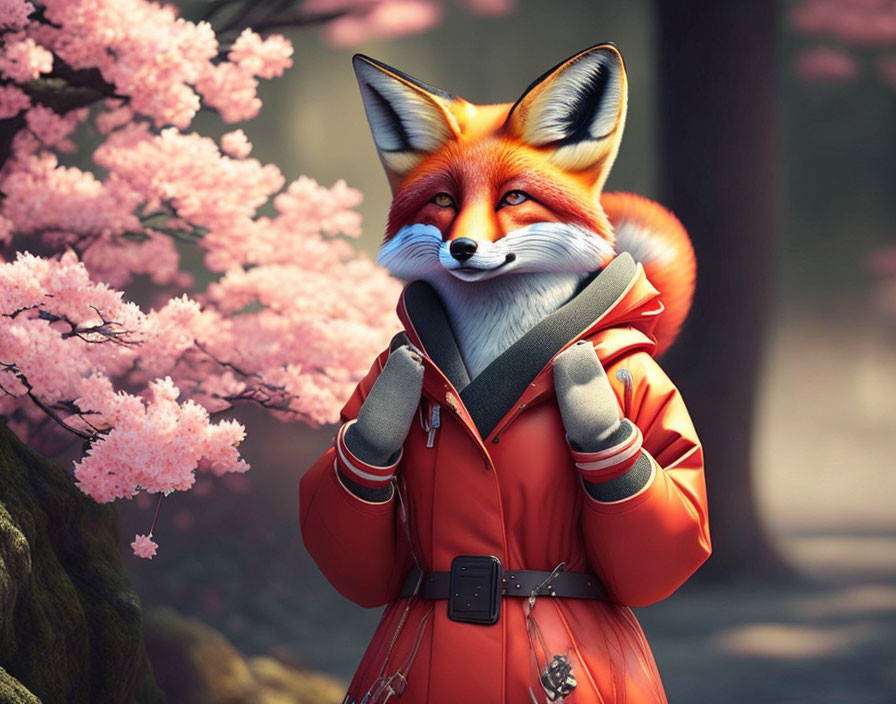 Anthropomorphic fox in red jacket under cherry blossoms