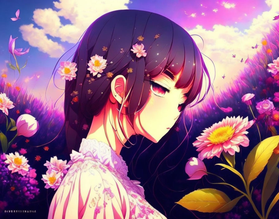 Illustrated girl with dark hair and closed eyes among vibrant sunset-hued flora