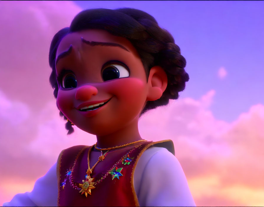 Smiling animated girl in red dress against purple sky